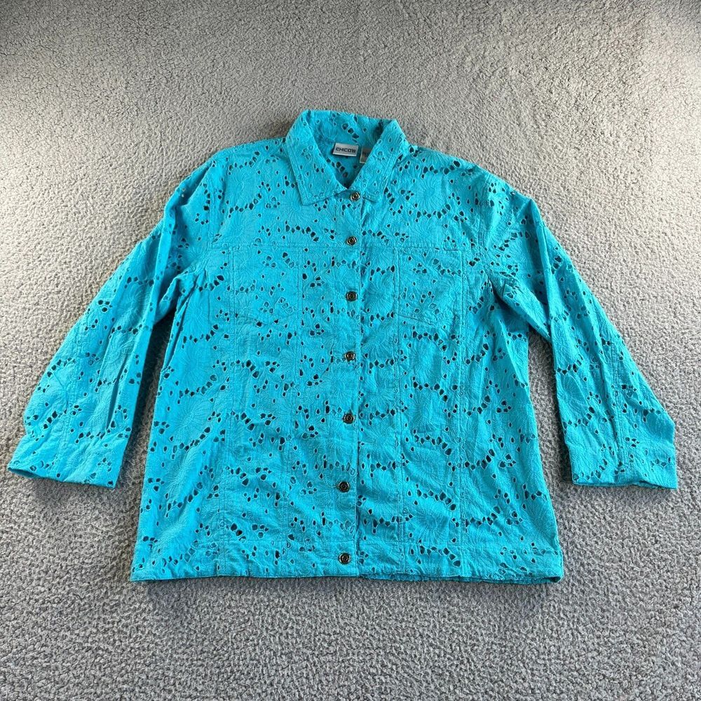 NEW Chicos Jacket Womens Large 2 Blue Floral Shirt Lace Embroidered Open Knit‎